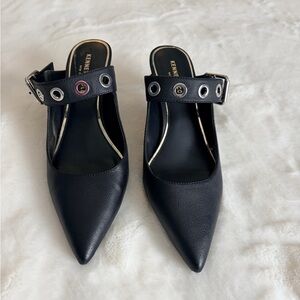 Kenneth Cole Black Leather Mules with Buckle Detail